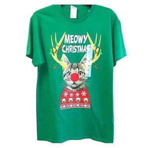 Meowy Christmas Tee Unisex Large Green Ugly Christmas Tee Short Sleeve Festive
